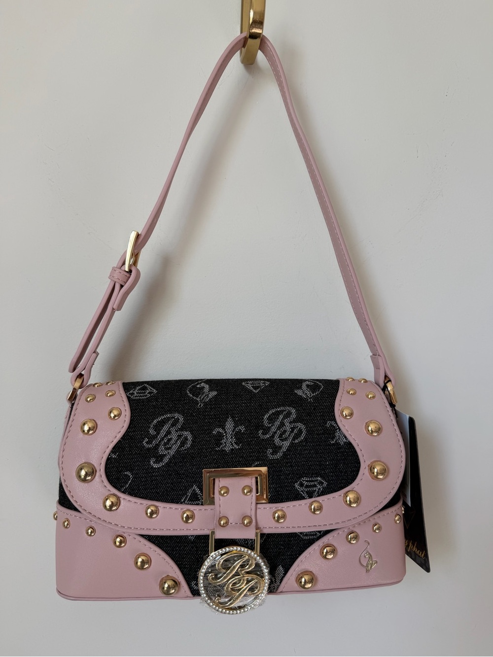 Baby Phat Pink and Black denim monogram Studded Shoulder Bag